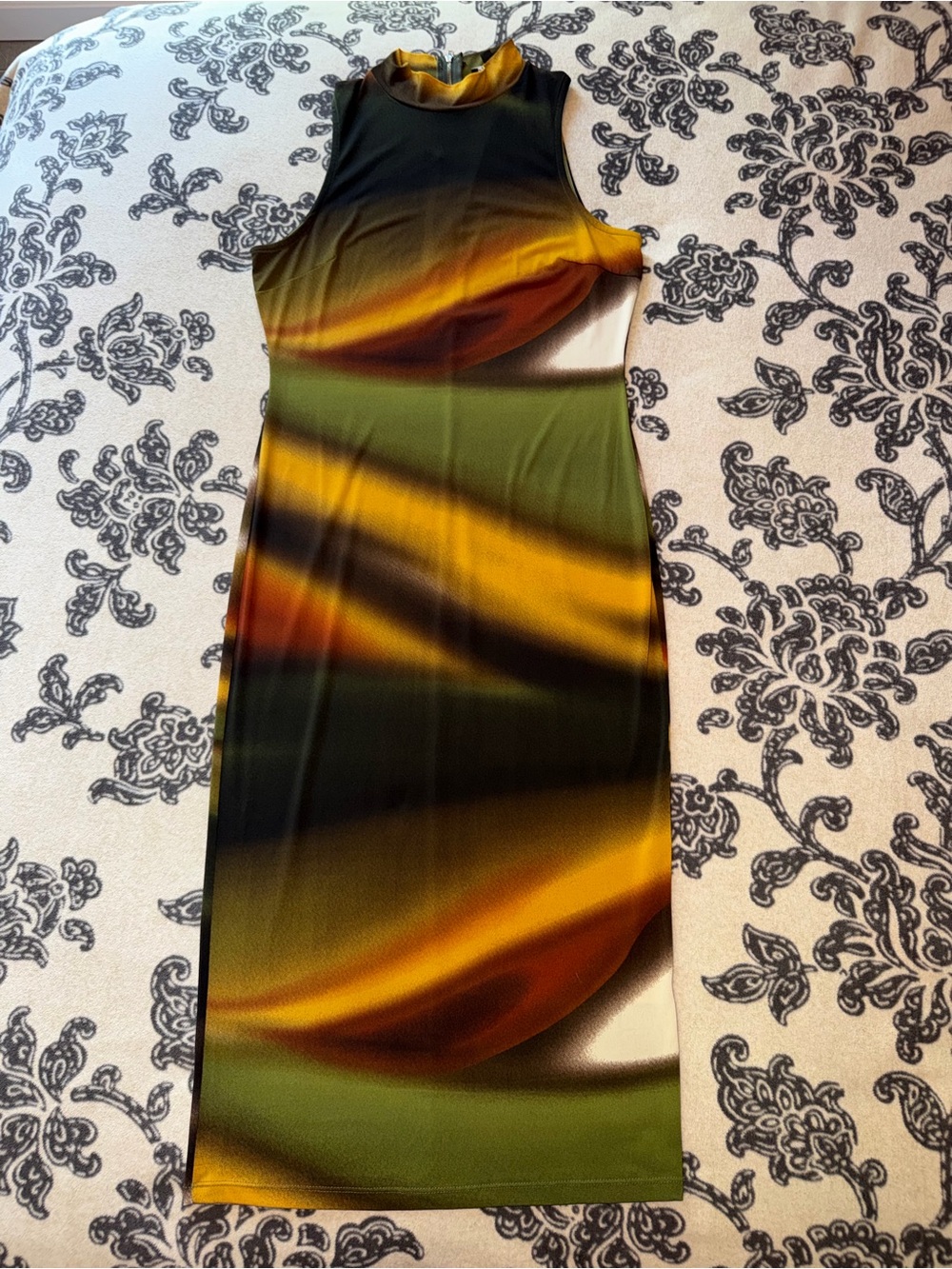 Sleeveless Bodycon Midi Dress in Green and Gold